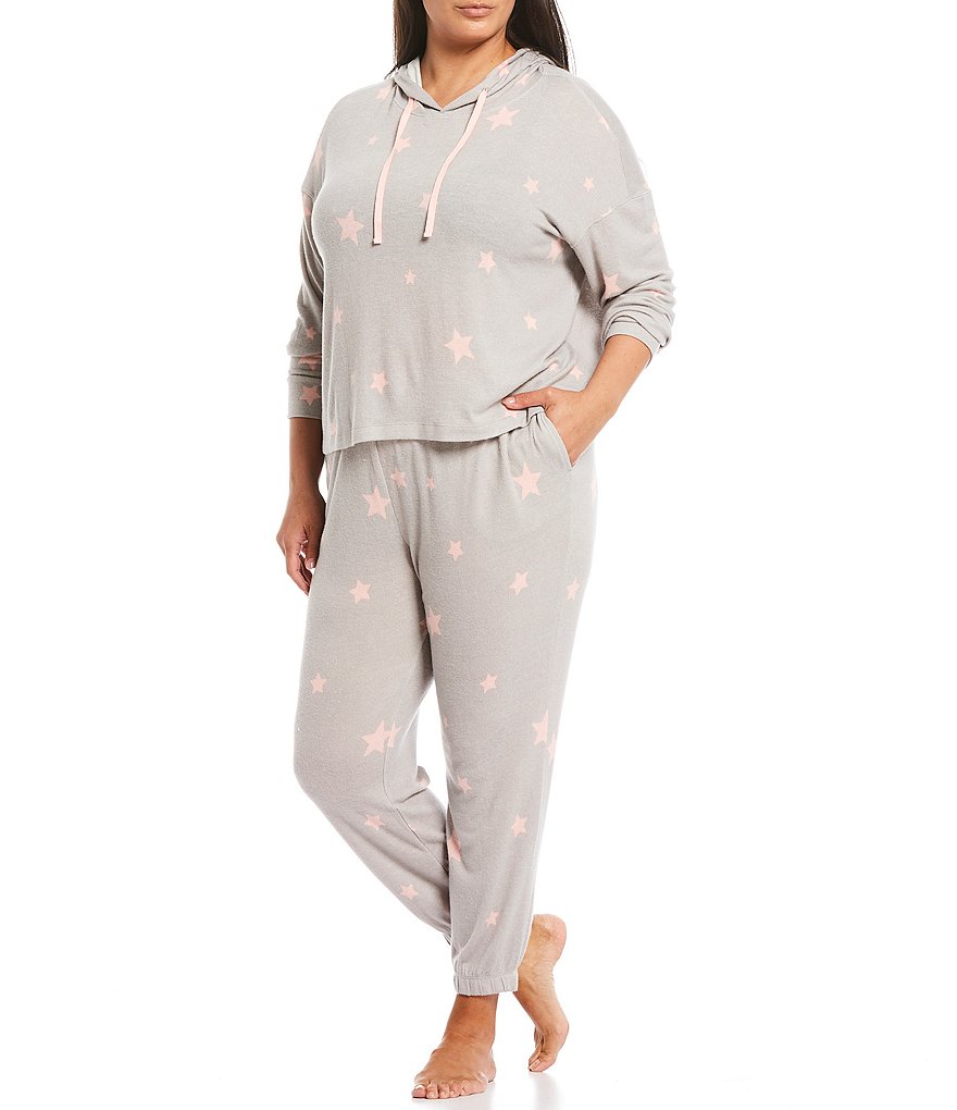 Jasmine & Ginger Plus Large Star Print Brushed Knit Hoodie Lounge Top