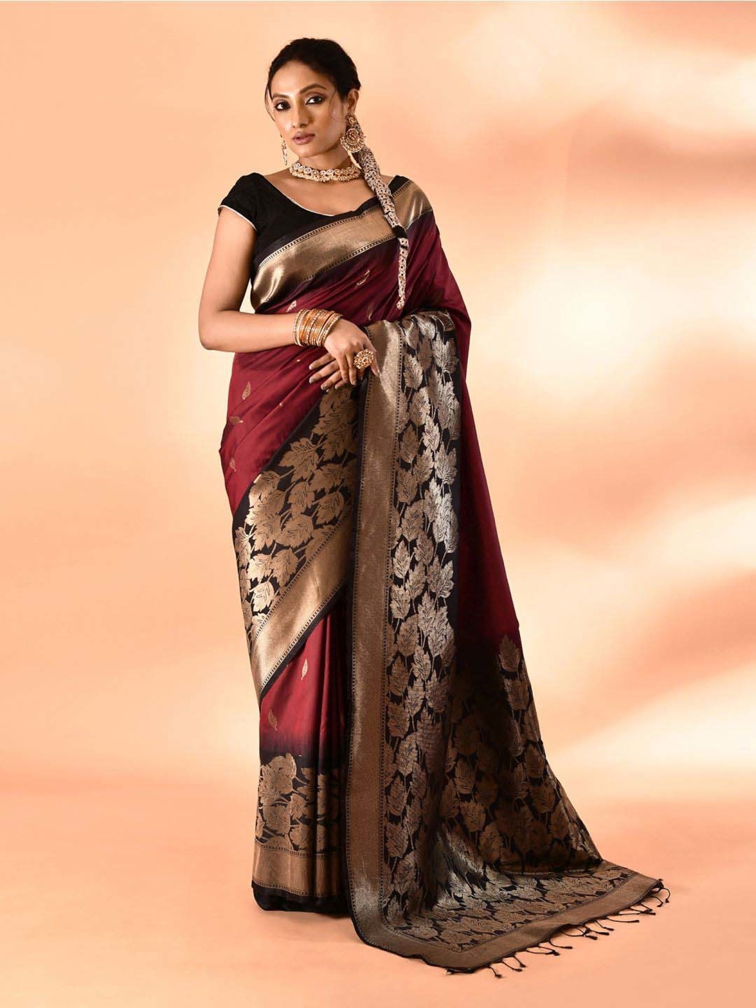 Elora Maroon Silk Woven Saree With Unstitched Blouse