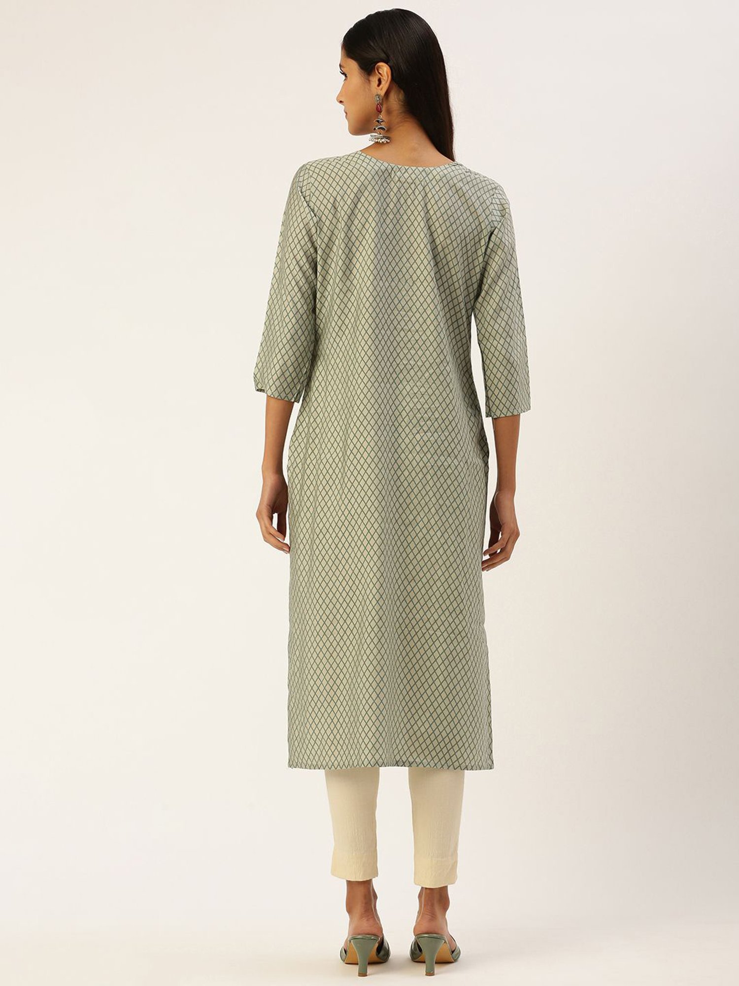 SHANVIKA Light Green Geometric Print Cotton Silk Straight Kurta