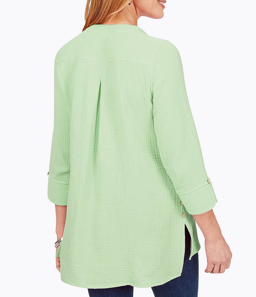 Foxcroft Vena Gauze Split V-Neck 3/4 Sleeve Tunic