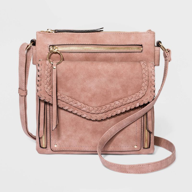 VR NYC Zip Closure Woven Braid Crossbody Bag - Mauve