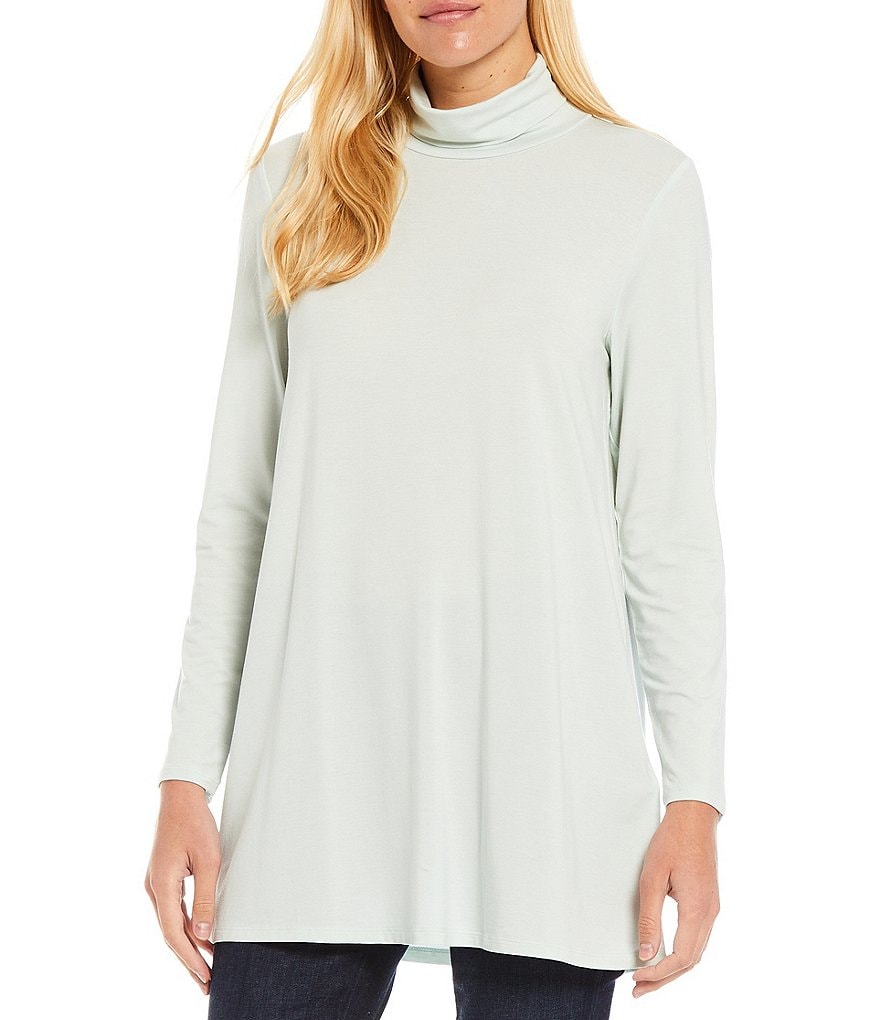Eileen Fisher Fine Stretch Knit Jersey Scrunch Mock Neck Long Sleeve Tunic