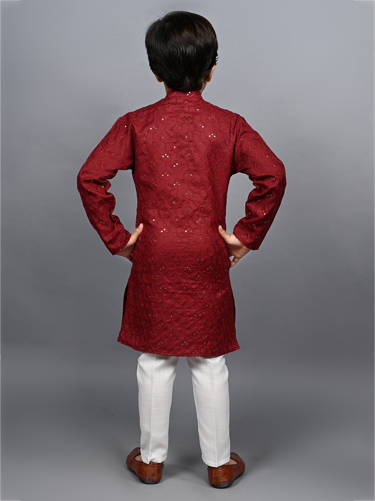 Ahhaaaa Kids Maroon & White Embellished Full Sleeves Kurta With Pyjamas