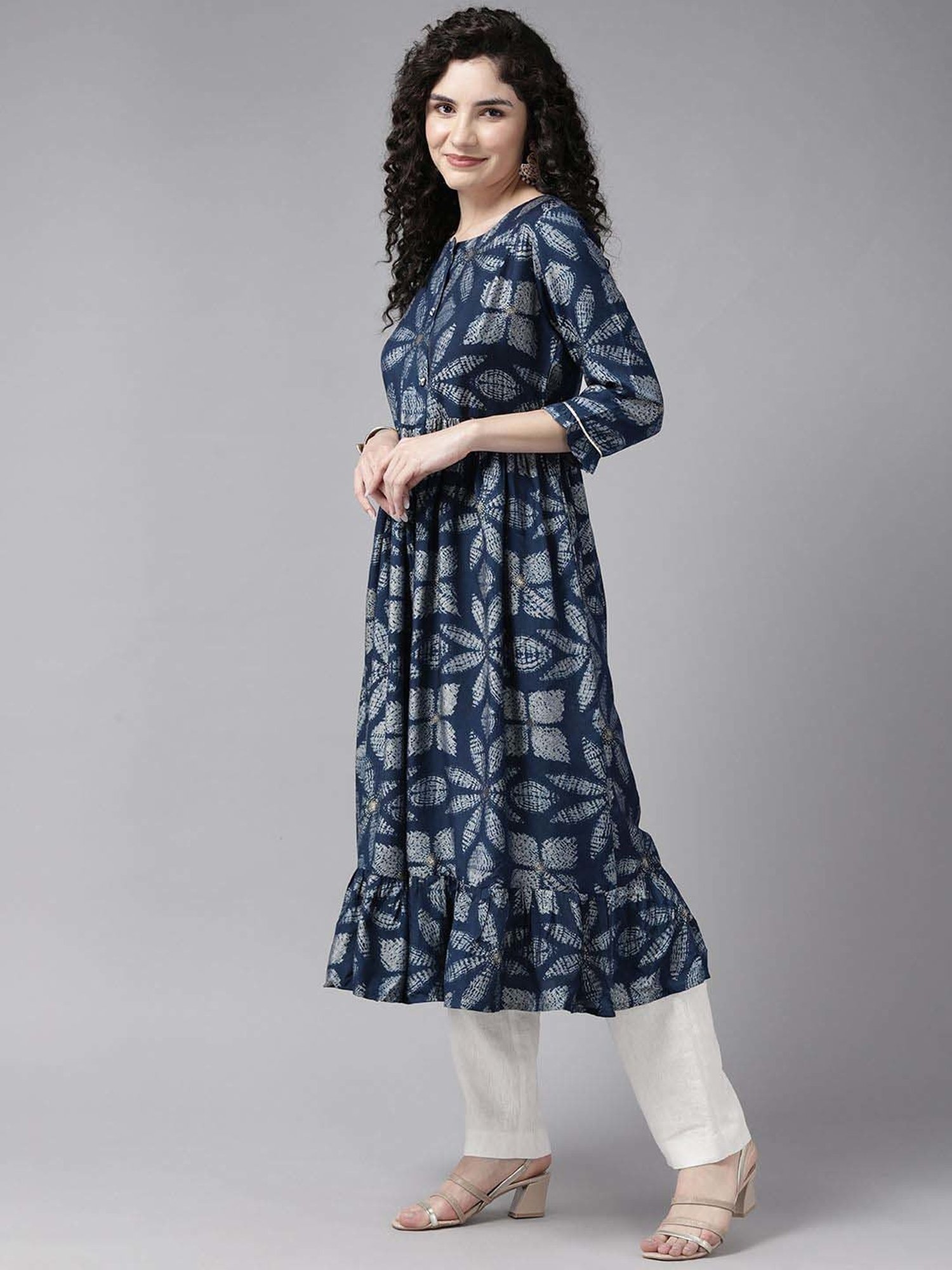 Cayman Blue Cotton Floral Print A Line Kurta