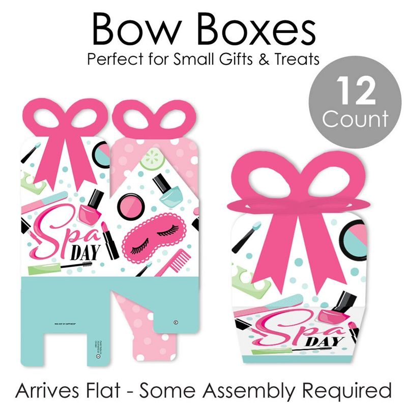 Big Dot of Happiness Spa Day - Square Favor Gift Boxes - Girls Makeup Party Bow Boxes - Set of 12