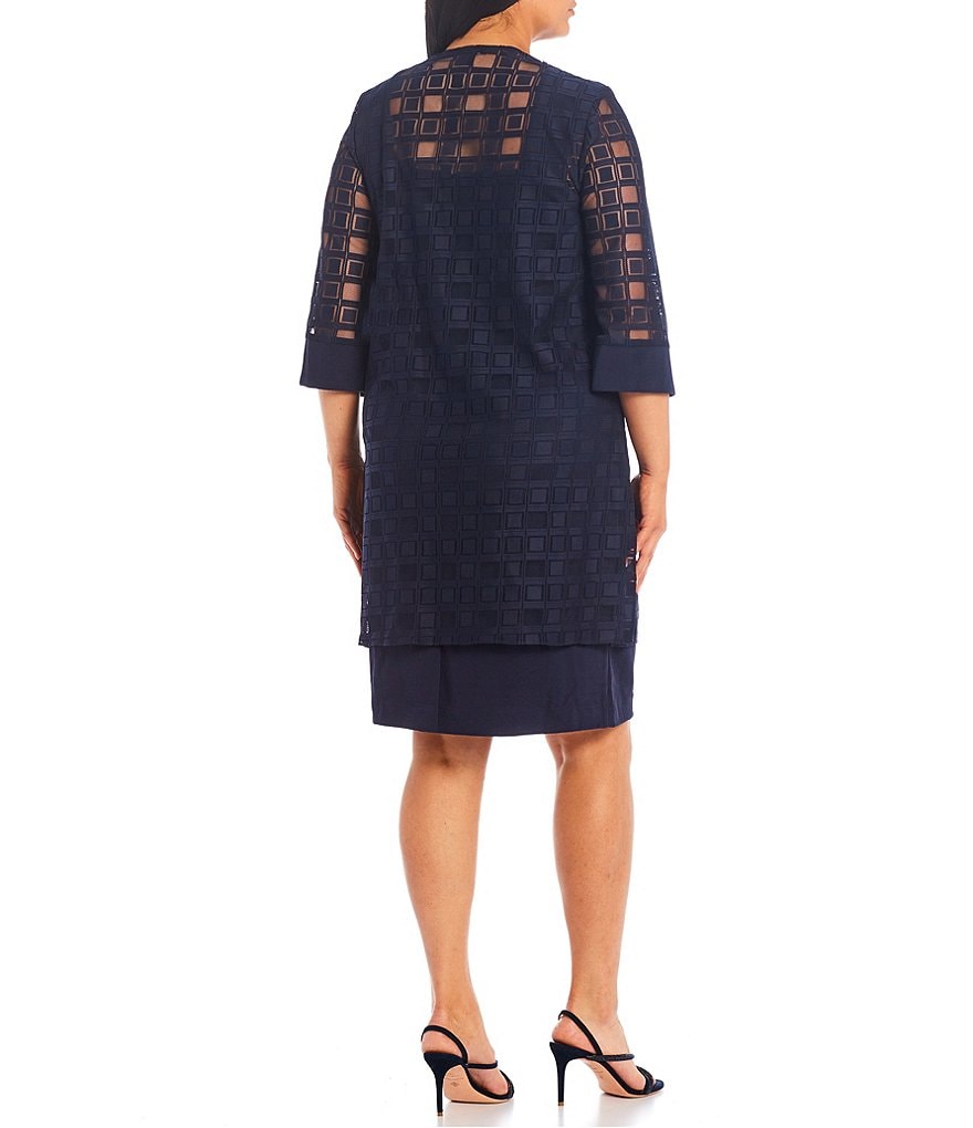 Le Bos Plus Size Square Neck 3/4 Sleeve Duster 2-Piece Jacket Dress