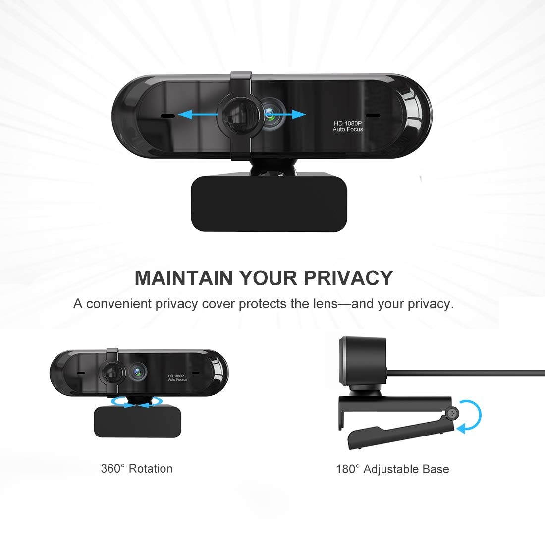 1080P Webcam, HDWeb Camera with Built-in Microphone & Privacy Cover, USB Web Cam with Wide Angle Lens & Large Sensor