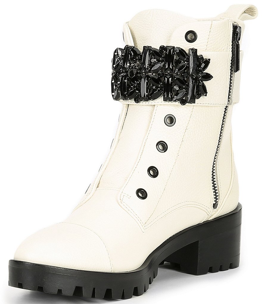 KARL LAGERFELD PARIS Pippa Jeweled Strap Leather Lug Sole Combat Booties