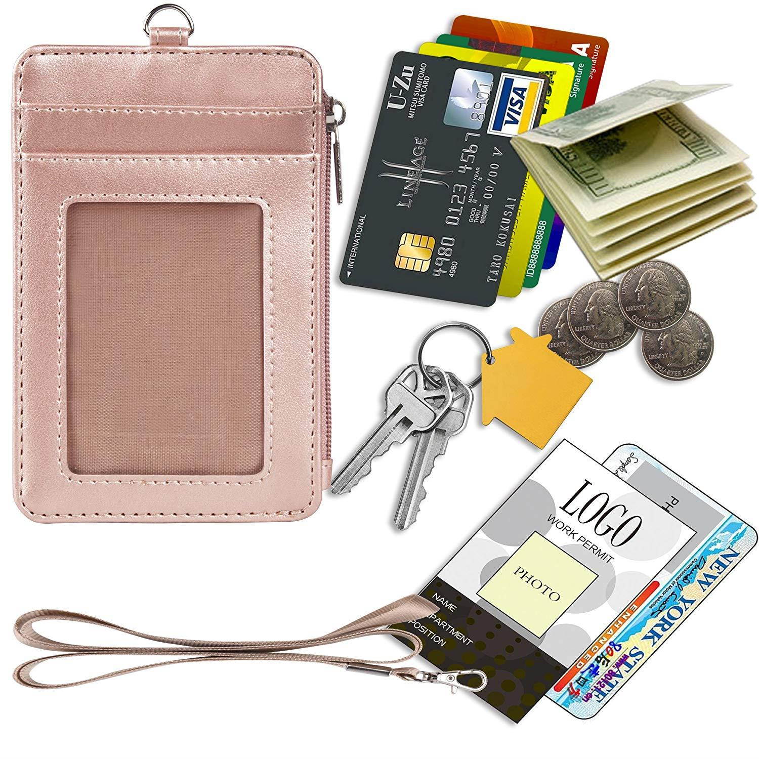 Badge Holder with Zipper, Arae PU Leather ID Badge Card Holder Wallet with [2 ID Window] Cash Pockets Credit Card Slots and Detachable Lanyard/Strap (Zipper-Vertical, Rose Gold)