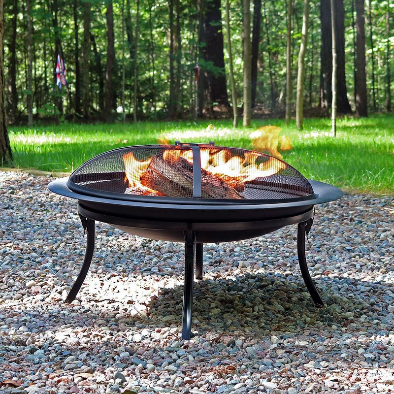 Sunnydaze Outdoor Portable Camping or Backyard Folding Round Fire Pit Bowl with Spark Screen, Log Poker, Folding Stand, and Carrying Case Cover - 29"