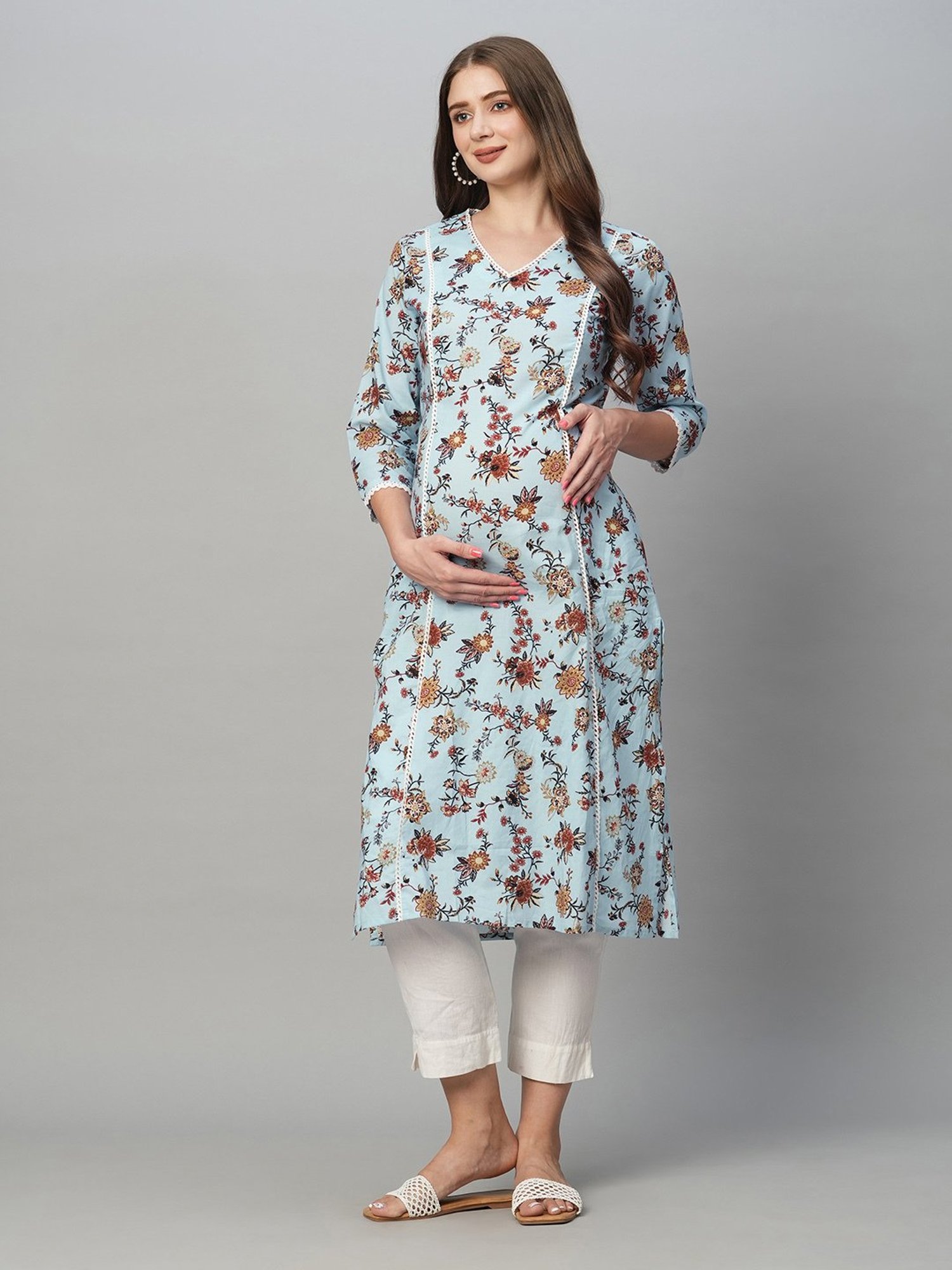 MomToBe Blue Floral Print Maternity Kurti