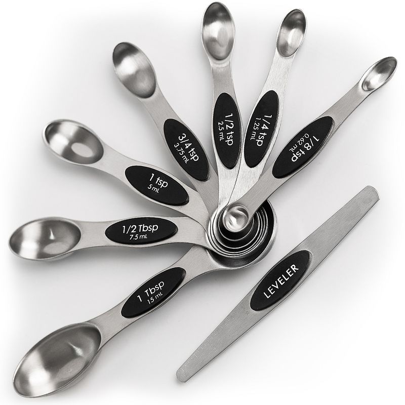 Zulay Kitchen Stainless Steel Magnetic Measuring Spoons, 8 Piece Set With Leveler, Easy to Attach and Detach, Double-Sided Design Fits Spice Jars