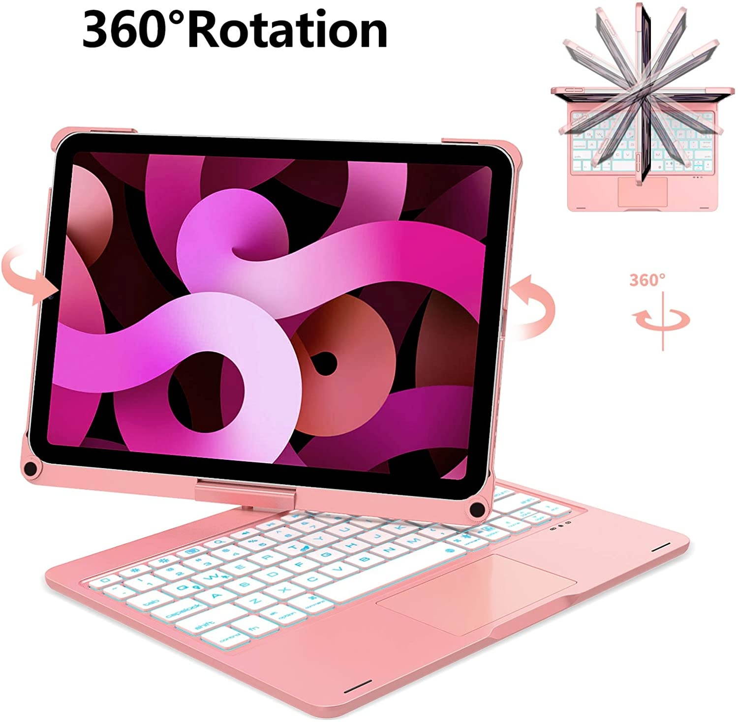iPad Air 4th Generation Case with Keyboard (10.9 inch 2020) iPad Pro 11 Case 2020 with Keyboard- 7 Color Backlight- 360&deg Rotatable- Touchpad Keyboard Case for iPad Air 4 Gen/iPad Pro 11(Rose Gold)