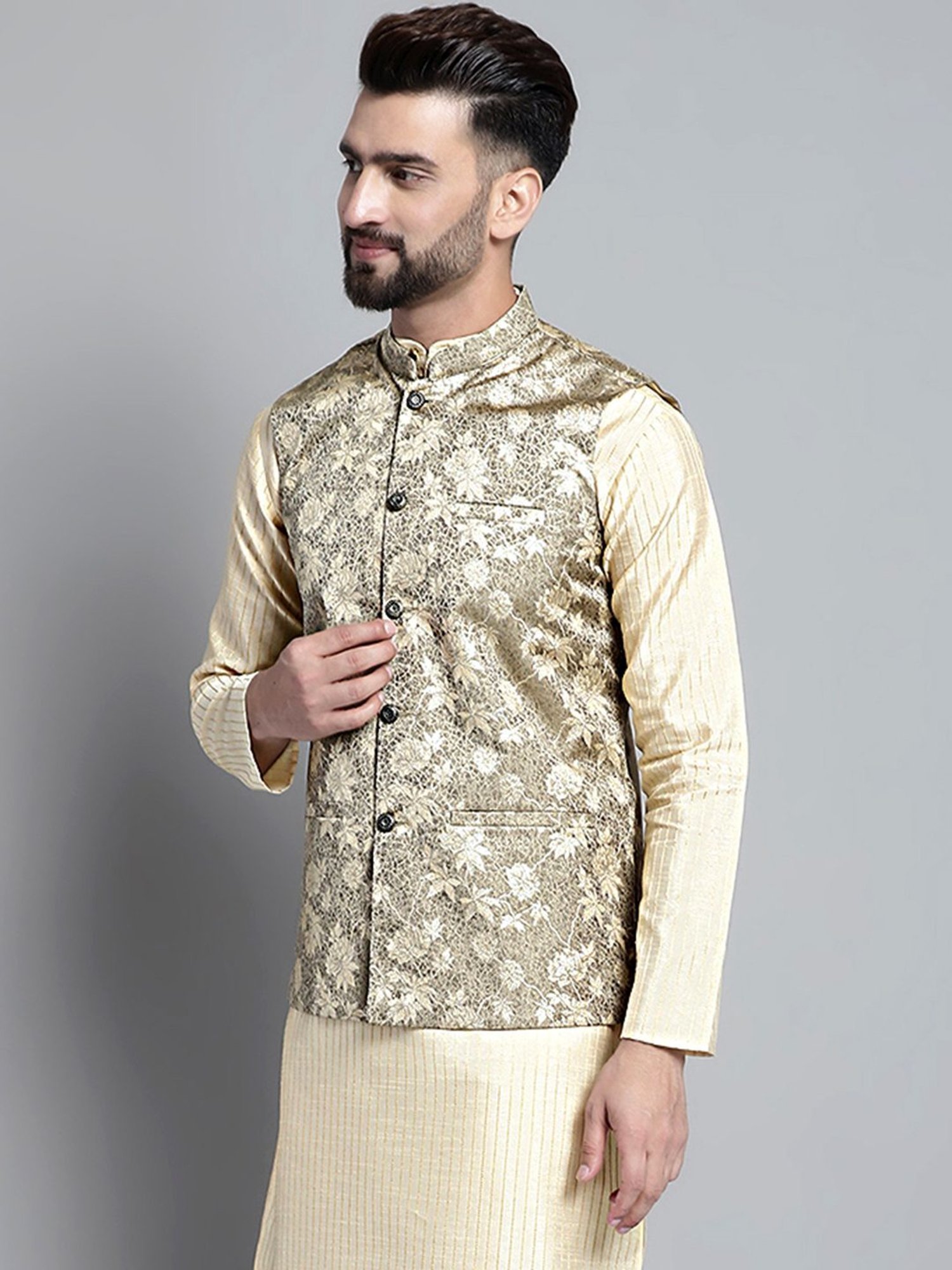 Jompers Beige Regular Fit Printed Nehru Jacket