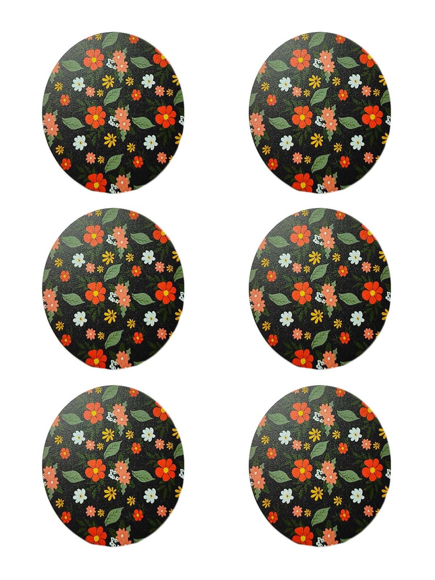 Crayton Black Wooden Floral Printed Round Coasters with Holder - Set of 6