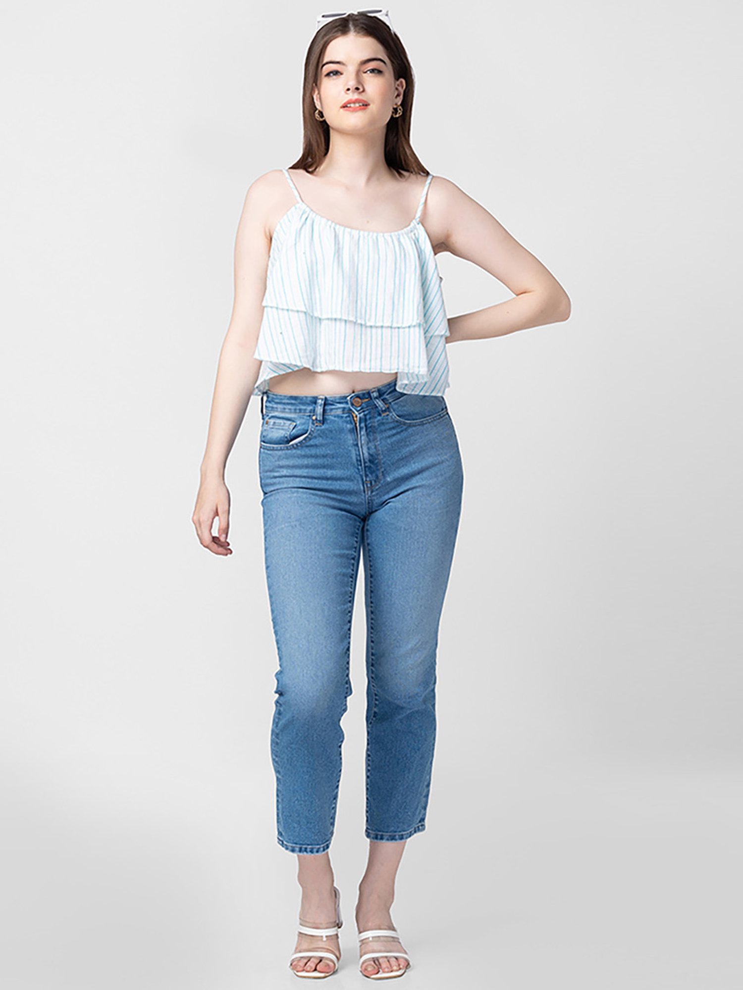 Spykar White & Blue Cotton Crop Top