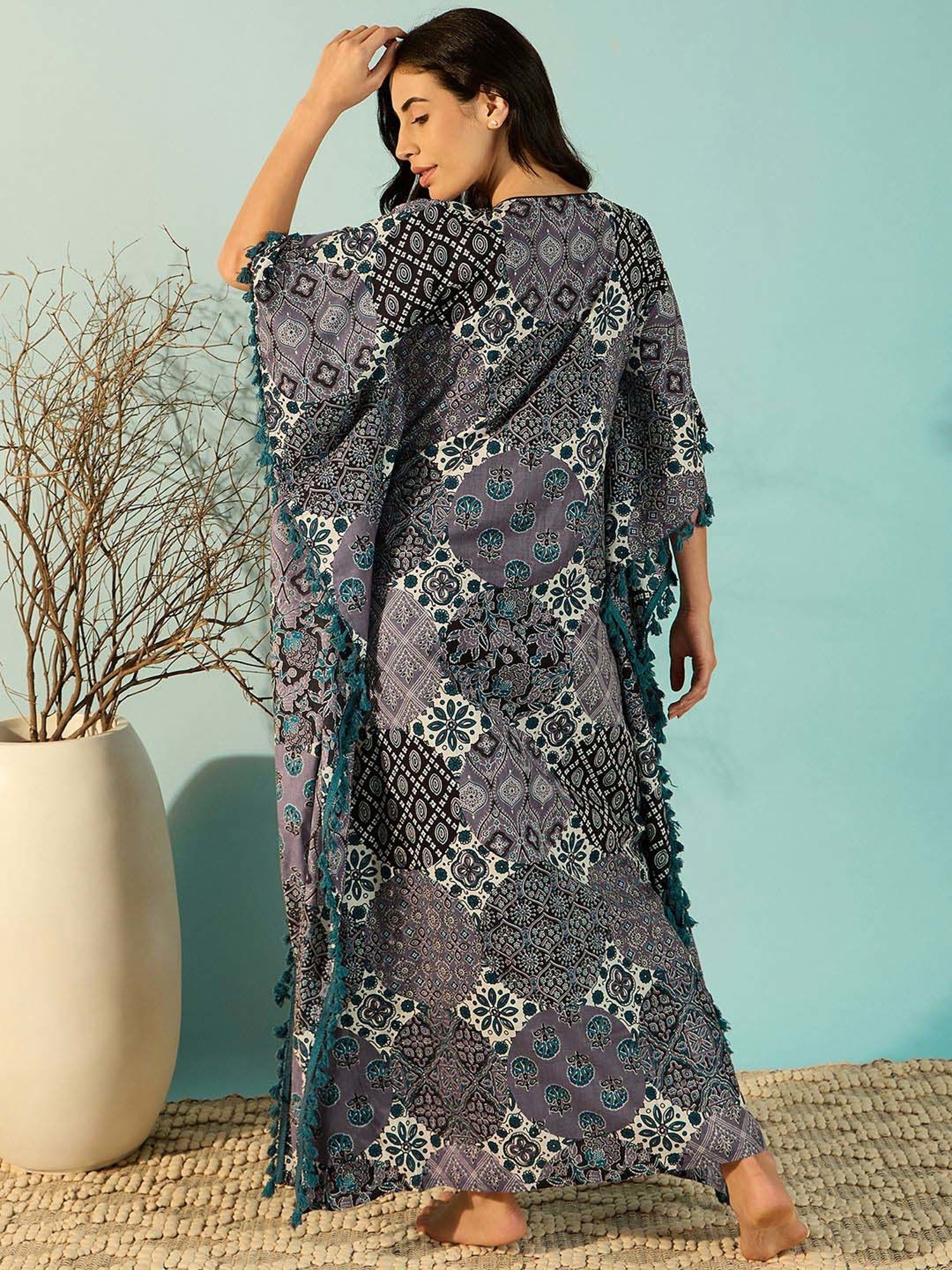 The Kaftan Company Purple Cotton Printed Kaftan