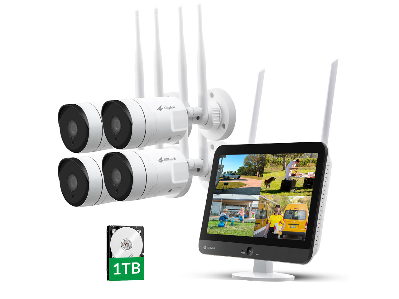 Kittyhok Outdoor Security Camera Wireless Security Camera System with 12 Inch LCD Monitor WiFi Surveillance Cameras 1TB HDD, 8 Channel NVR 4Pcs 3MP Pan/Zoom, 2 Way Audio/Remote View