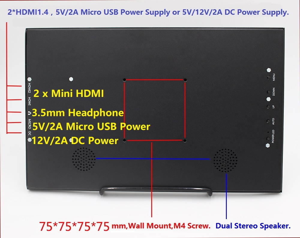 Full HD 13.3" 1920x1080 60HZ Universal Portable LCD Monitor with Dual Mini HDMI, 5V/2A USB / DC Powered, 3.5mm Headphone and Dual Built-in Speaker, Aluminum Alloy Body, Sharp / AUO LCD Screen Panel.