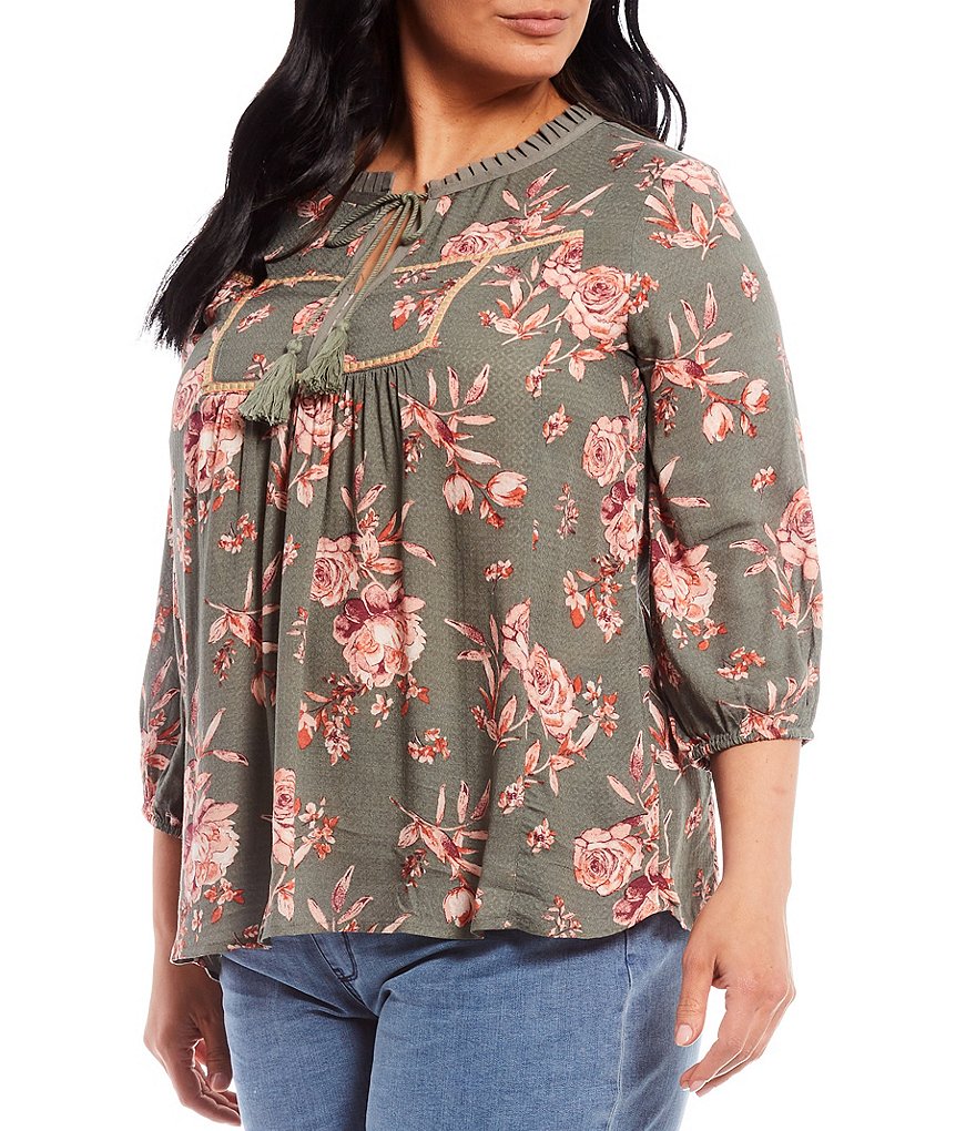 One World Apparel Plus Size Olive Large Floral Daze Print Tassel Tie Neck 3/4 Bubble Sleeve Peasant Top