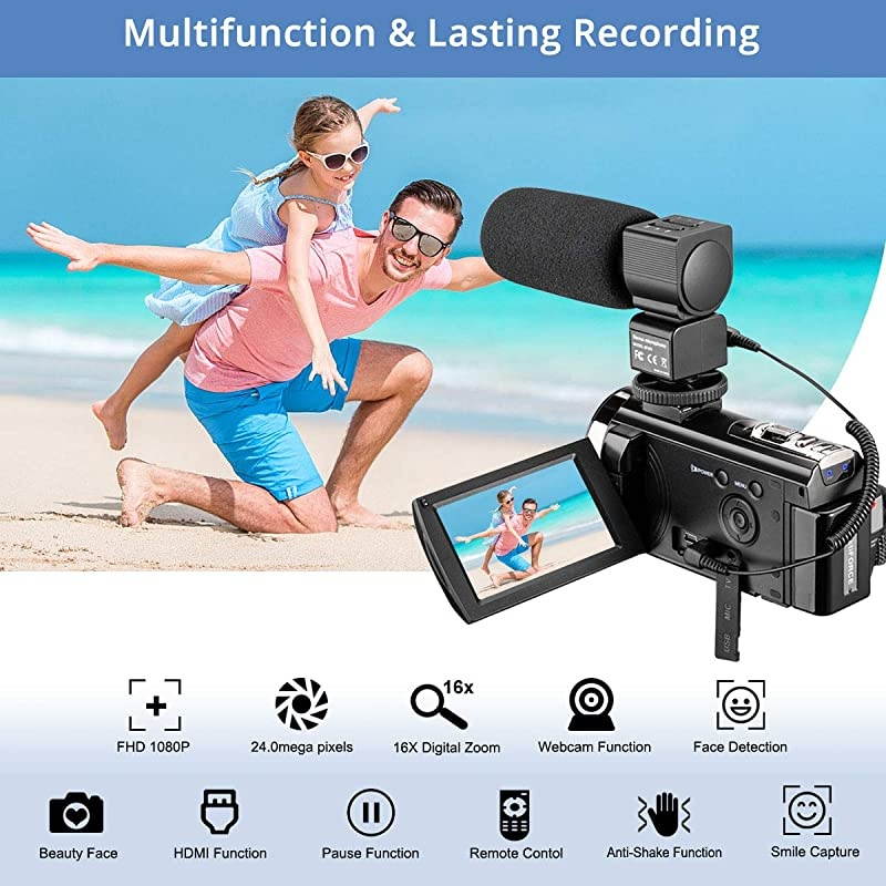 Video Camera Camcorder with Microphone,  FHD 1080P 30FPS 24MP Vlogging Camera Recorder 3.0 Inch 270&deg; Rotation Screen 16X Zoom Camcorder Webcam Recorder with Remote Control and 2 Batteries