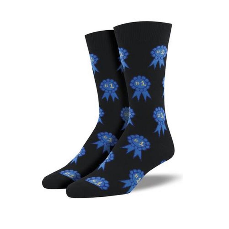 Novelty Socks 10.0" Number One Fan Black Cotton Crew Blue Ribbon Socksmith  -  Socks