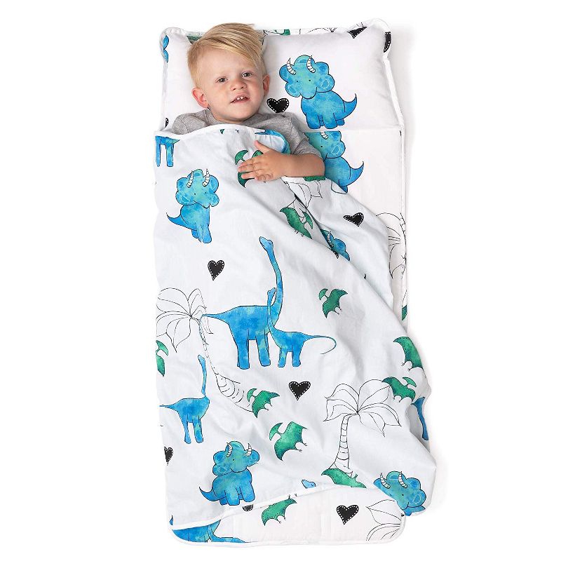JumpOff Jo Toddler Nap Mat - Children's Sleeping Bag with Removable Pillow for Preschool, Daycare, and Sleepovers - 43 x 21 Inches - Tiny Dinosaurs