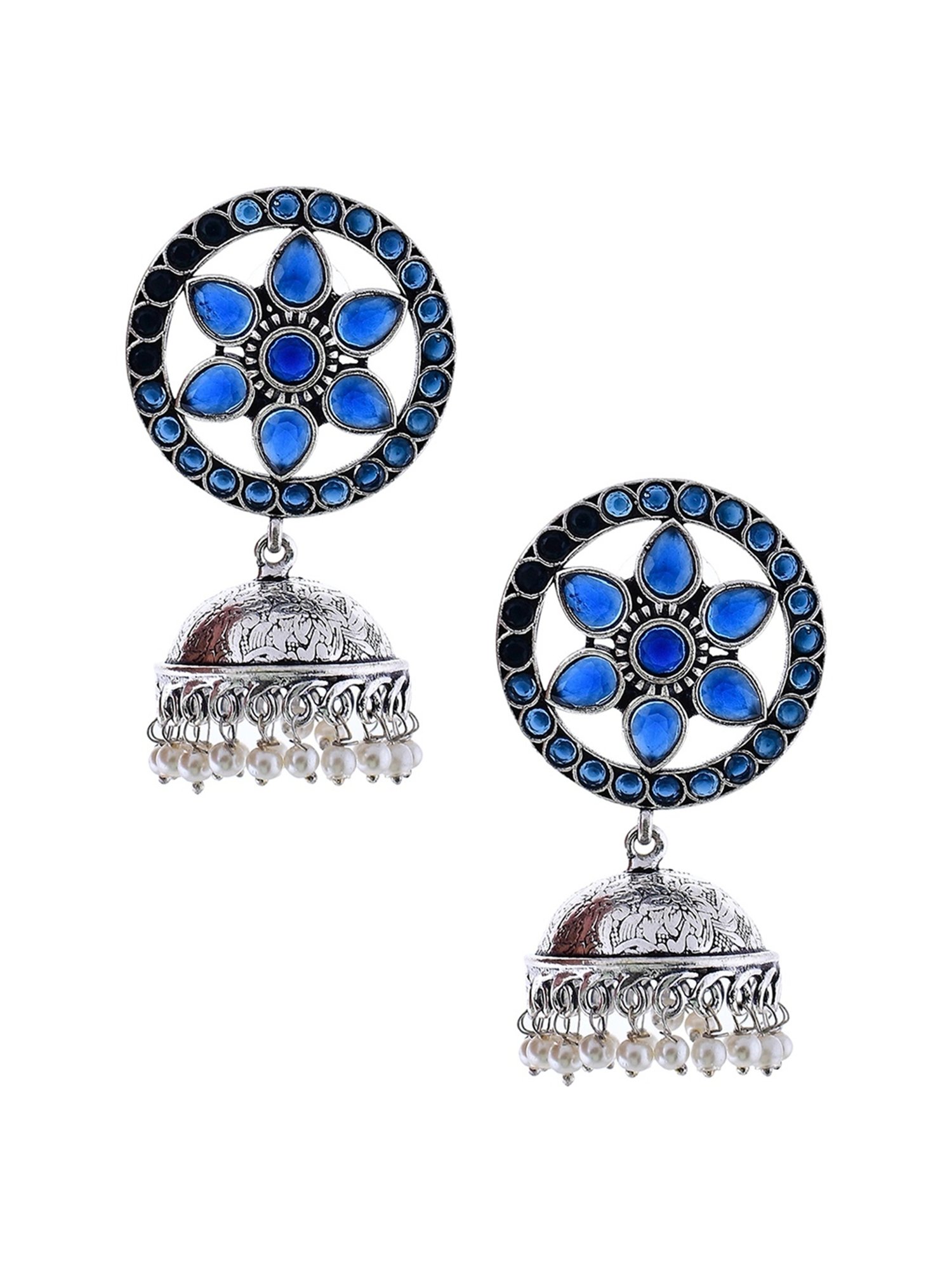 Imli Street Blue-White Silver Tone Stone-Studded Handcrafted Jhumki Earrings