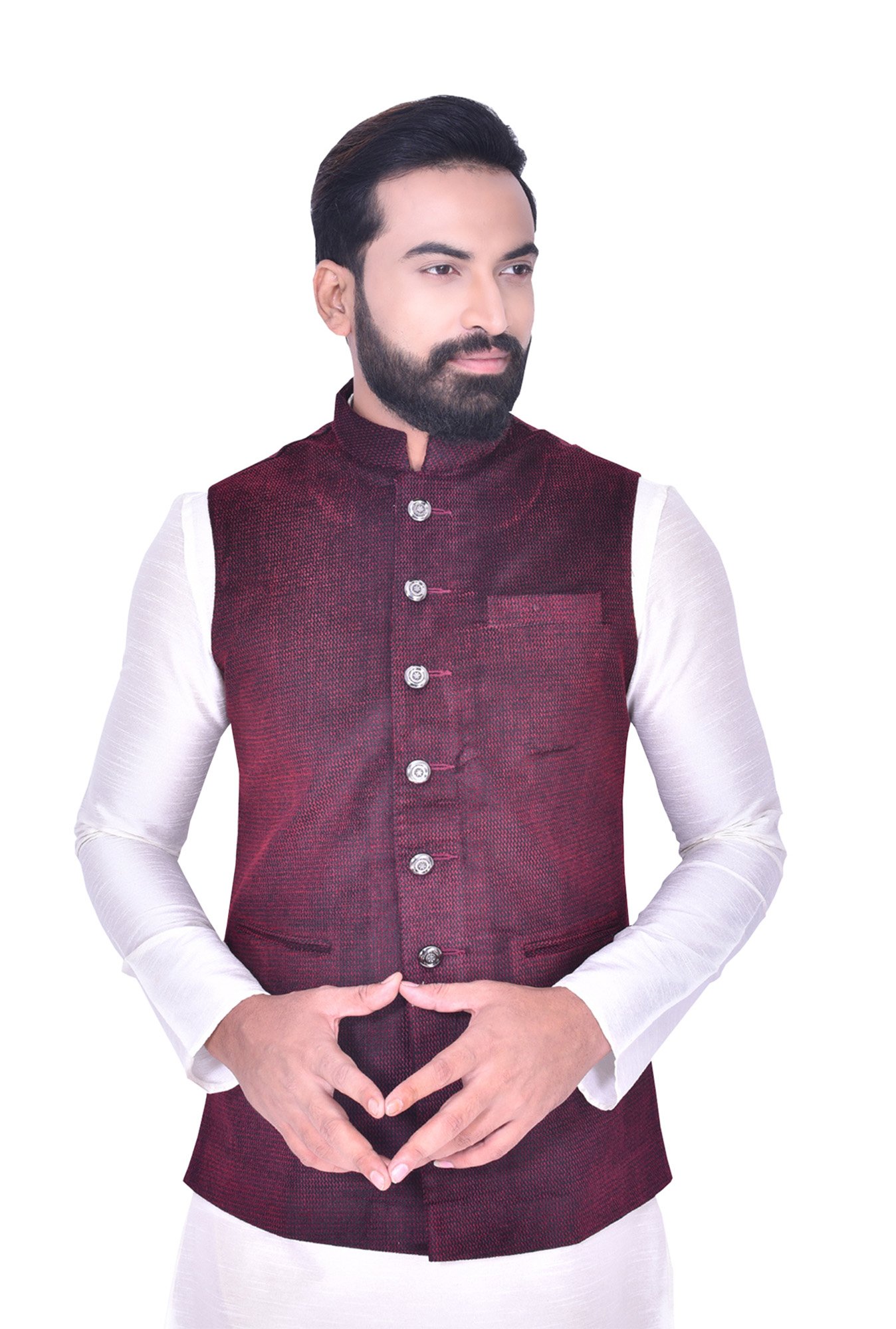 Manyavar Maroon Mandarin Collar Ethnic Waistcoat