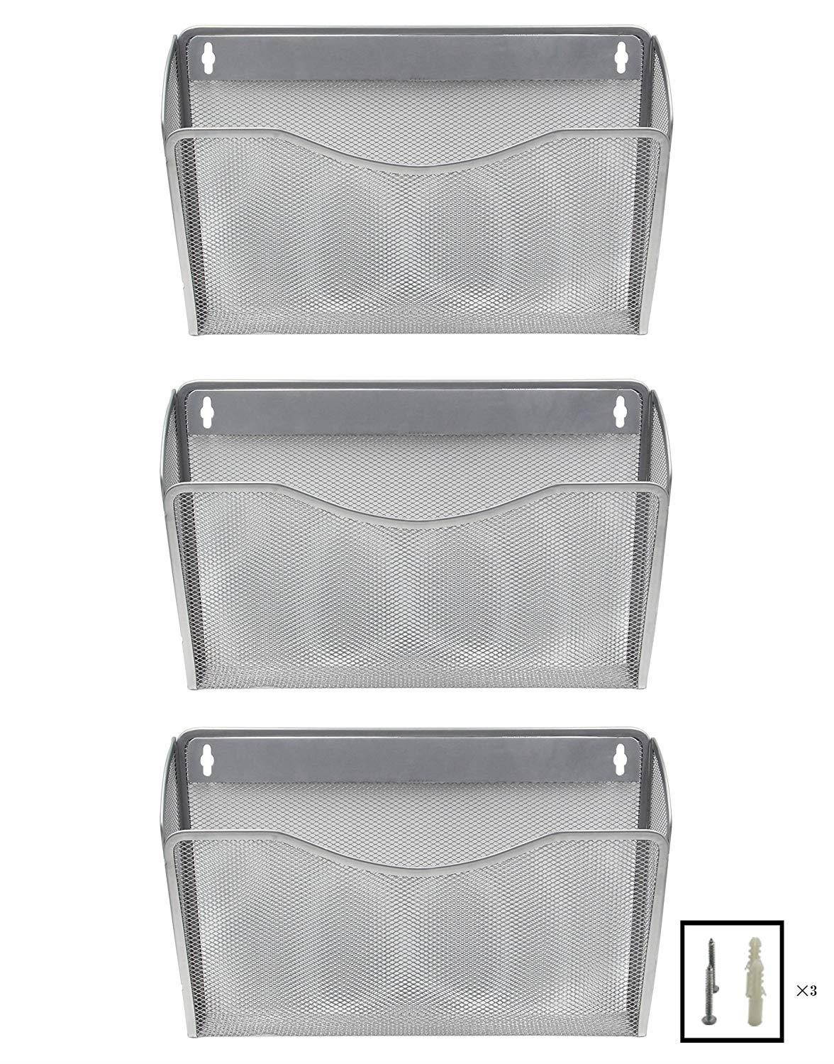 EasyPAG Mesh Collection Wall File Pocket Holder Organizer Metal for Office, 3 Pack,Silver