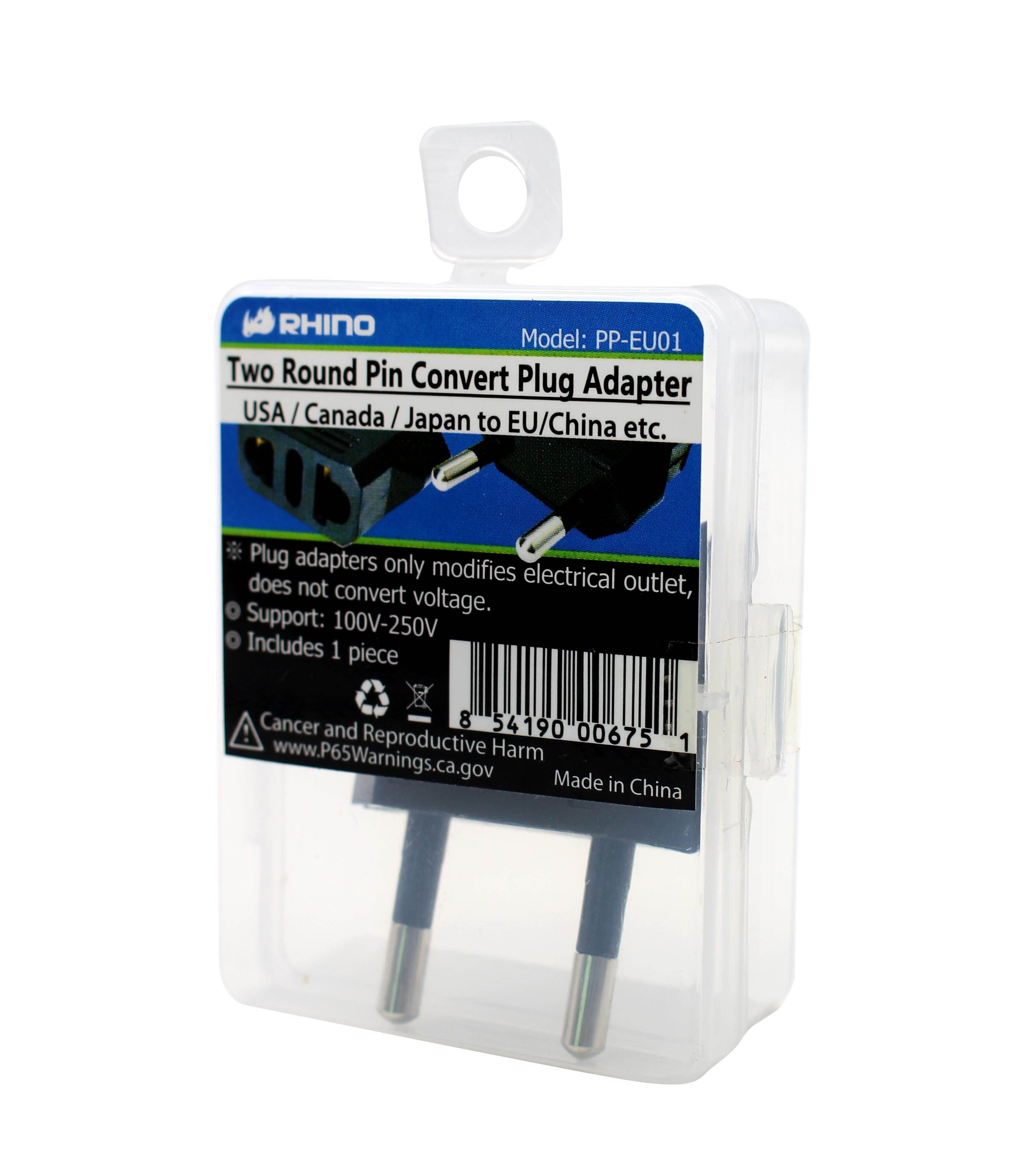 RHINO Power Plug Adapter USA to Europe Round Prong Travel Plug - Black