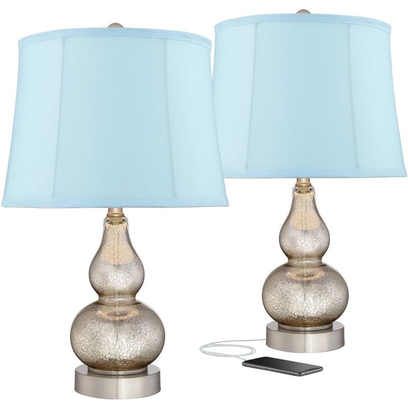 360 Lighting Castine Mercury Blue Softback Glass USB Table Lamps Set of 2
