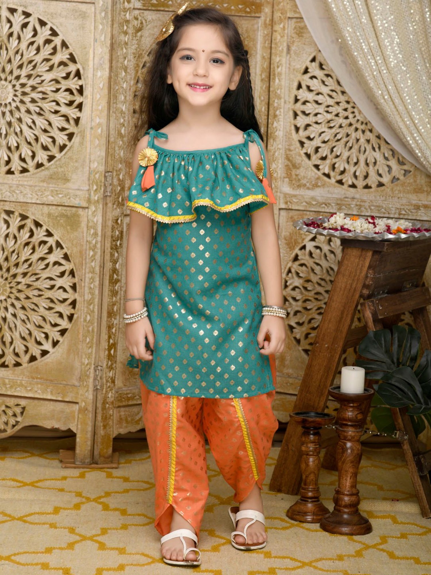Saka Designs Kids Teal & Orange Printed Kurta with Dhoti