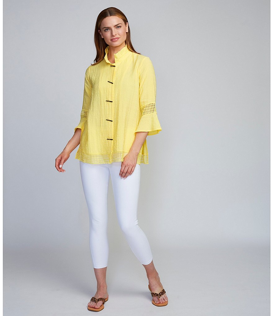 Ali Miles Textured Crochet Hem Wire Neck Blouse