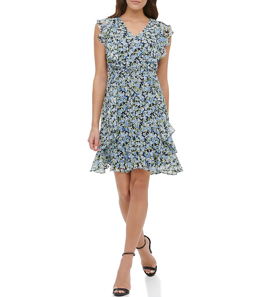 Tommy Hilfiger Floral Print Chiffon Ruffle Sheath Dress