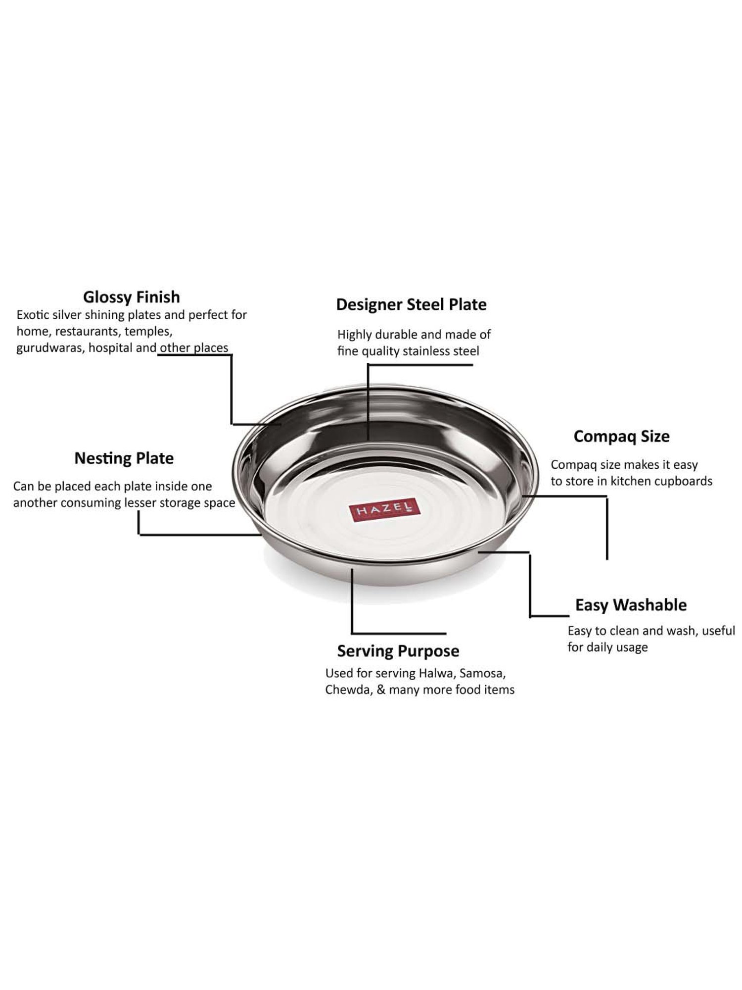 HAZEL Silver Stainless Steel 13 cm Breakfast Plate (0.3L) - Set of 1