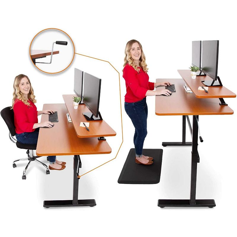 Tranzendesk Standing Desk with Clamp-On Shelf - 55" Sit to Stand Workstation with 55" Monitor Stand - Cherry - Stand Steady