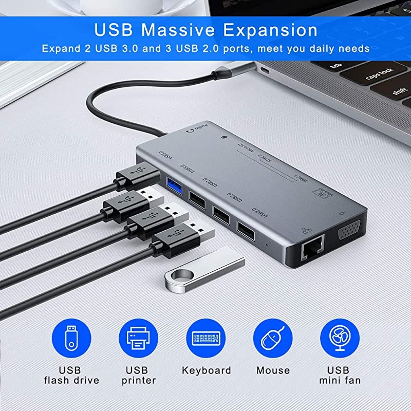 USB C Docking Station,  13-in-1 USB-C HUB, MacBook Type-C Adapter with 4K HDMI, VGA, PD, Ethernet, 3USB 2.0, 2USB 3.0, 3SD/TF Card Slots, Audio, for MacBook/HP/Dell/Surface/Lenovo Laptop