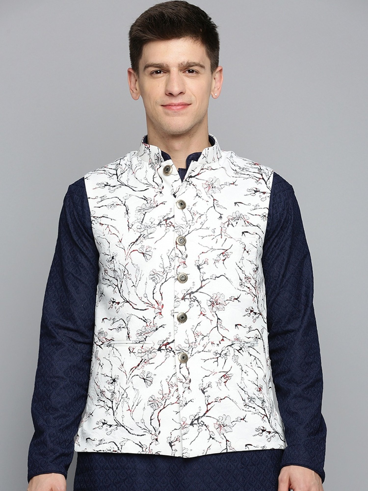 Showoff White Regular Fit Printed Nehru Jacket