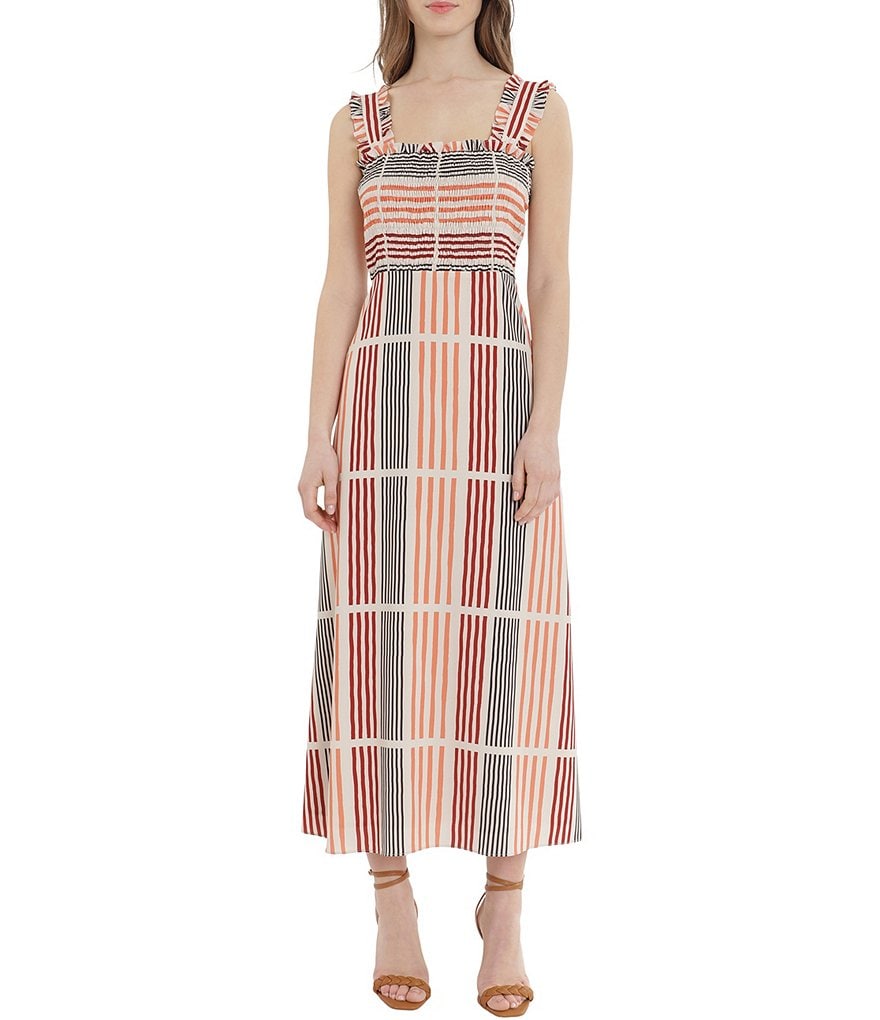 Donna Morgan Smocked Bodice Ruffle Strap Printed Midi Dress