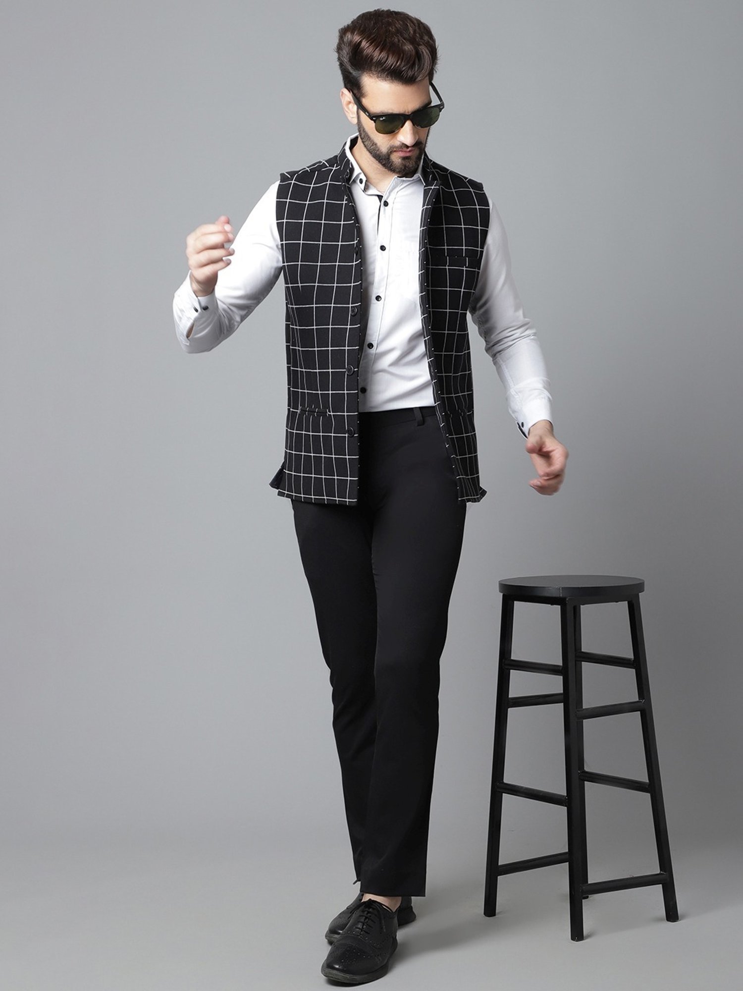 Even Black Regular Fit Checks Nehru Jacket