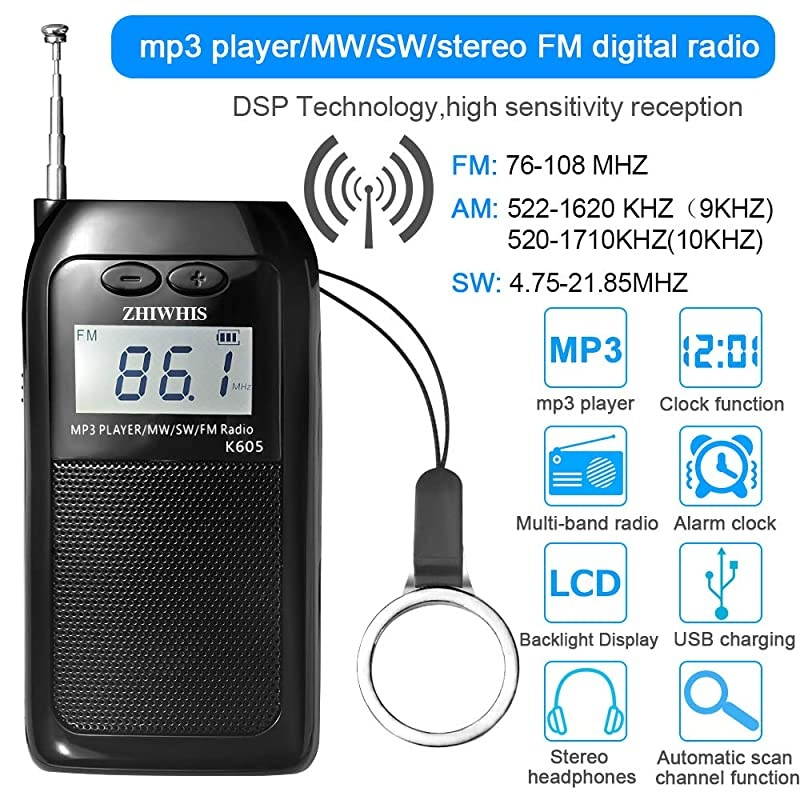 Portable RadioFM AM SW Transistor Radio Stereo LCD Digital Display Pocket Walkmen Radio MP3 WAV Player Support TF Card Rechargeable with Shutdown Memory