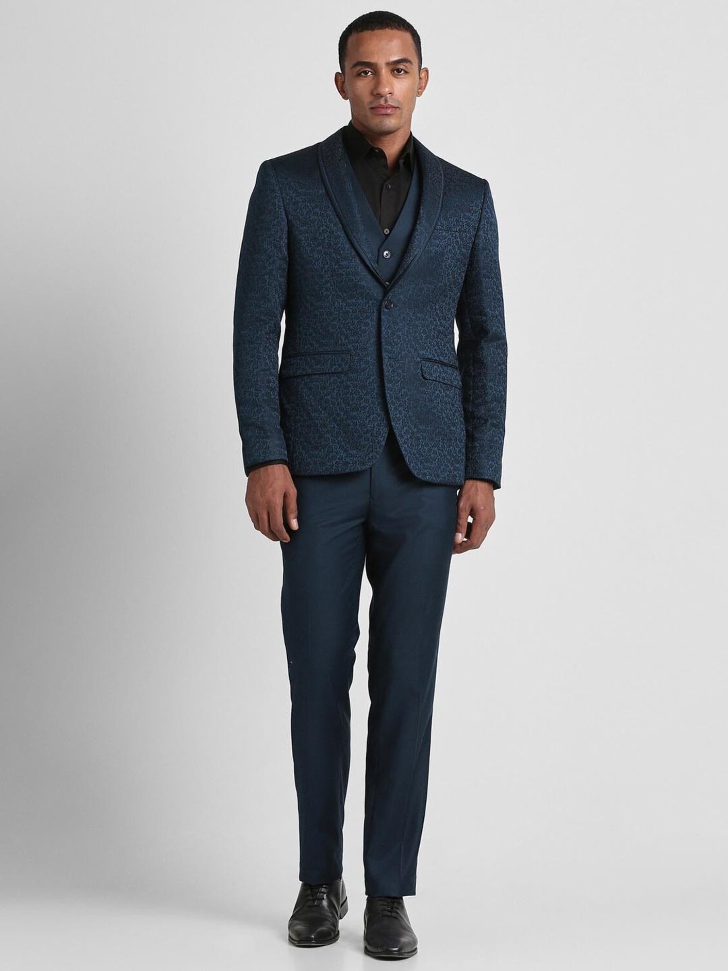 Peter England Elite Navy Slim Fit Printed Three Piece Suit