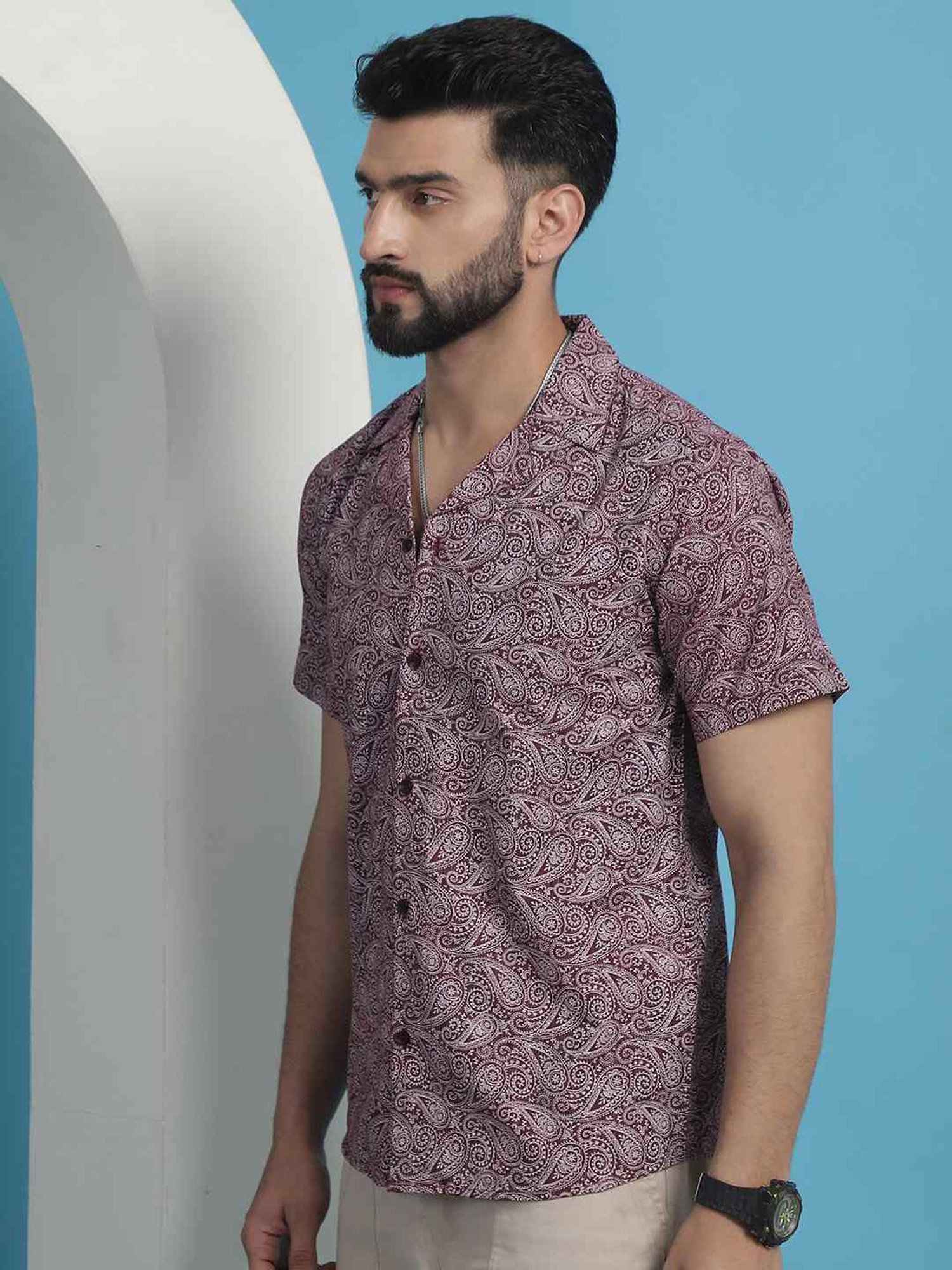Indian Needle Maroon Cotton Regular Fit Printed Shirt