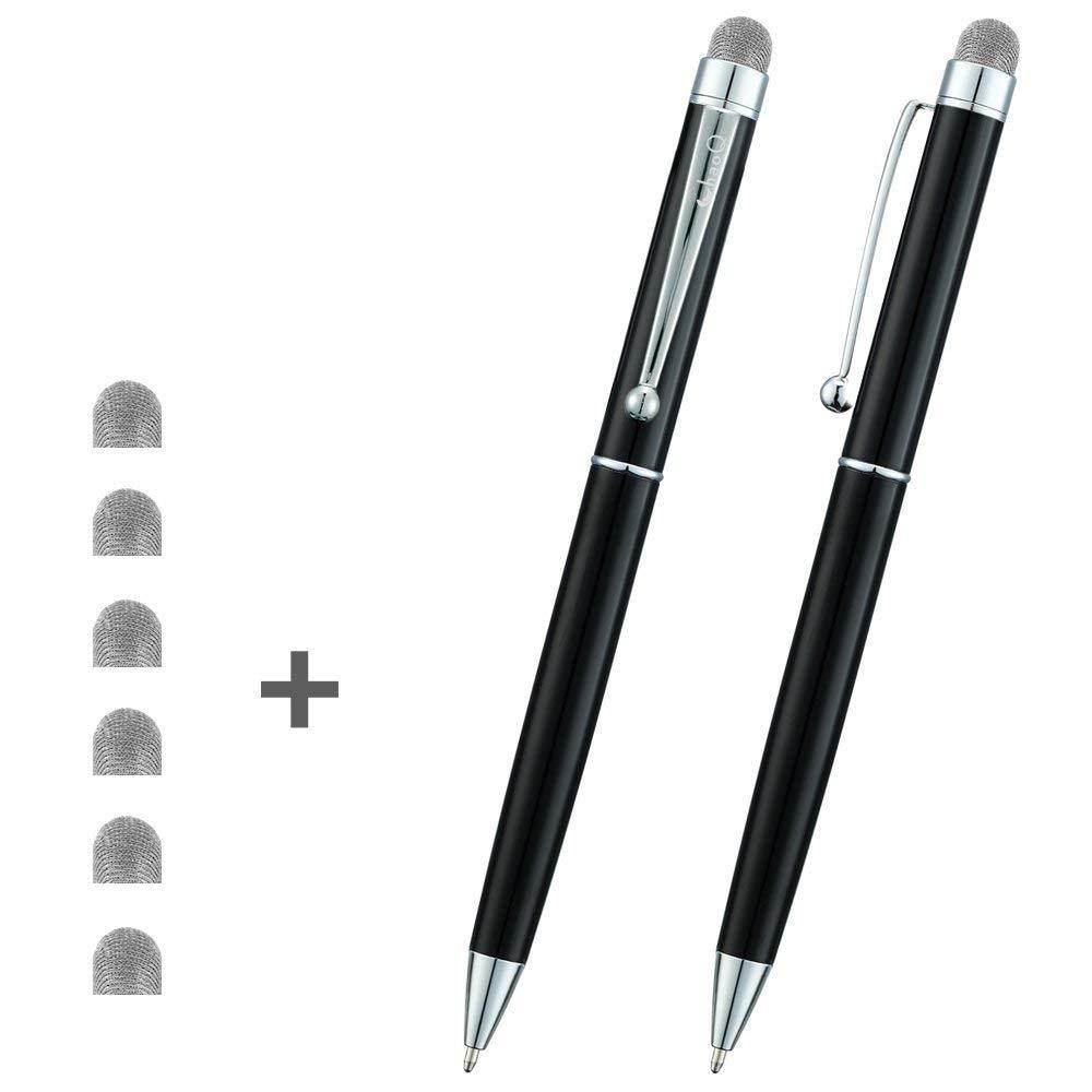 CHAOQ Stylus Pens, 2 Pcs Mesh Fiber Tip Stylus & Ballpoint Pen (Black Ink) for Universal Touchscreen Devices, Tablets, iPad, iPhone 7, 7 Plus, iPod, Samsung + 6 Replacement Mesh Fiber Tips - Black