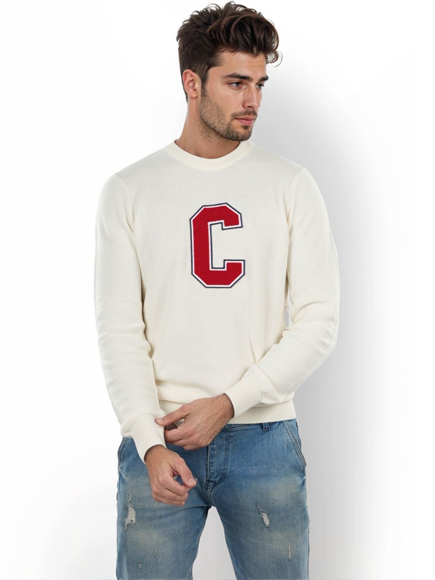 Celio* Ecru Regular Fit Printed Sweater