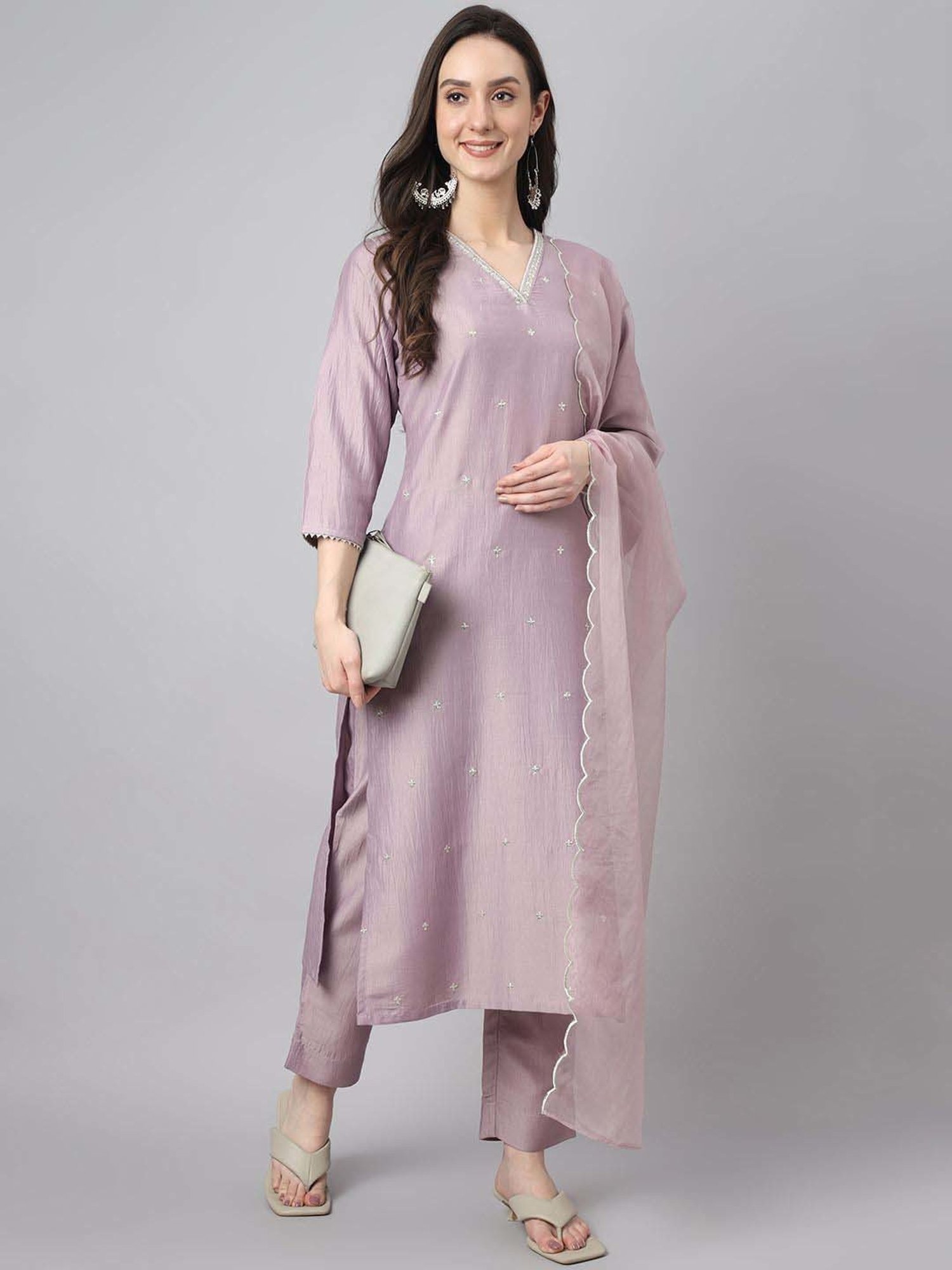 Janasya Lavender Embellished Kurta & Pant Set With Dupatta