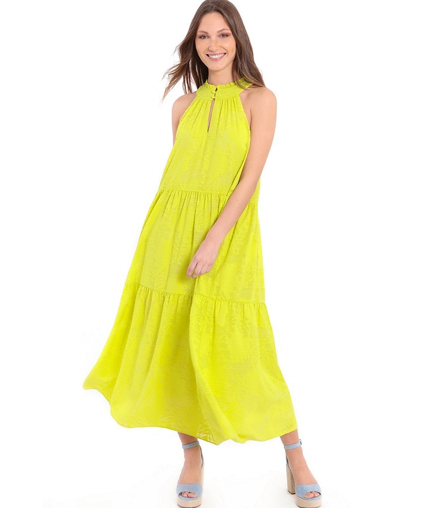 Donna Morgan Halter Burnout Crinkle Chiffon Midi Swing Dress