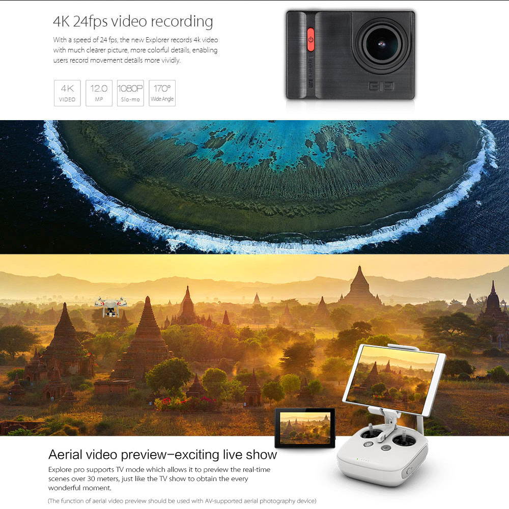 Elephone EleCam Explorer Pro 2.0" 4K 24fps 1080P 60fps Full HD 12MP Voice Broadcasting Waterproof 30M Novatek NTK96660 Sports Action Camera Video DV Optional Wide Angle(170&deg;/ 140&deg;/ 110&deg;/ 70&deg;)