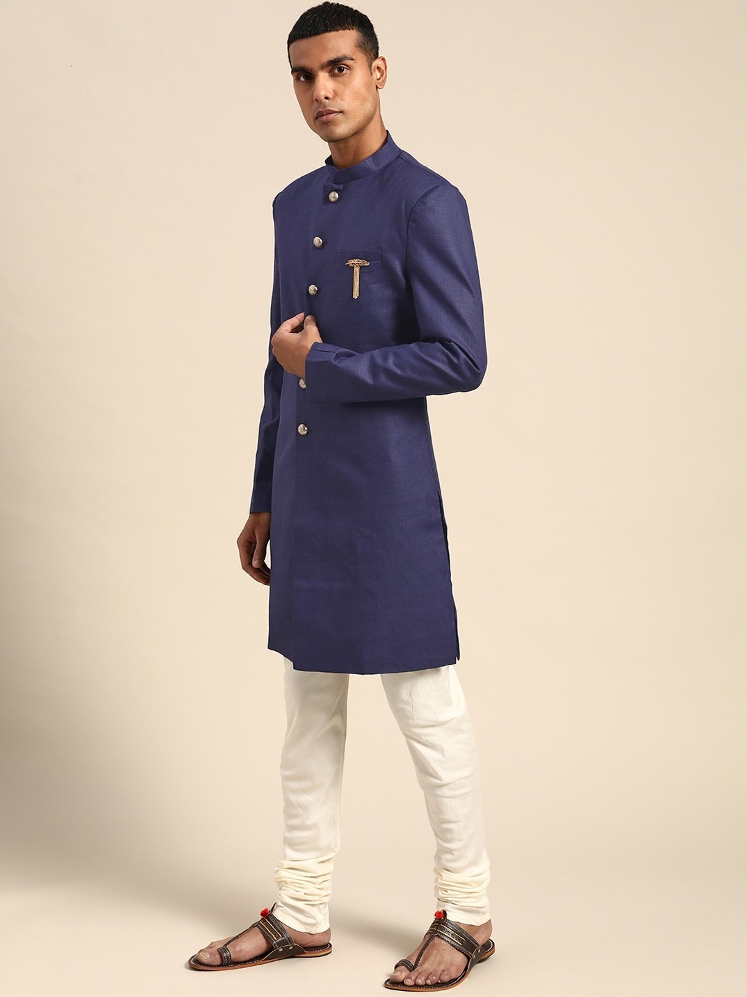 KISAH Navy Cotton Regular Fit Printed Sherwani Set